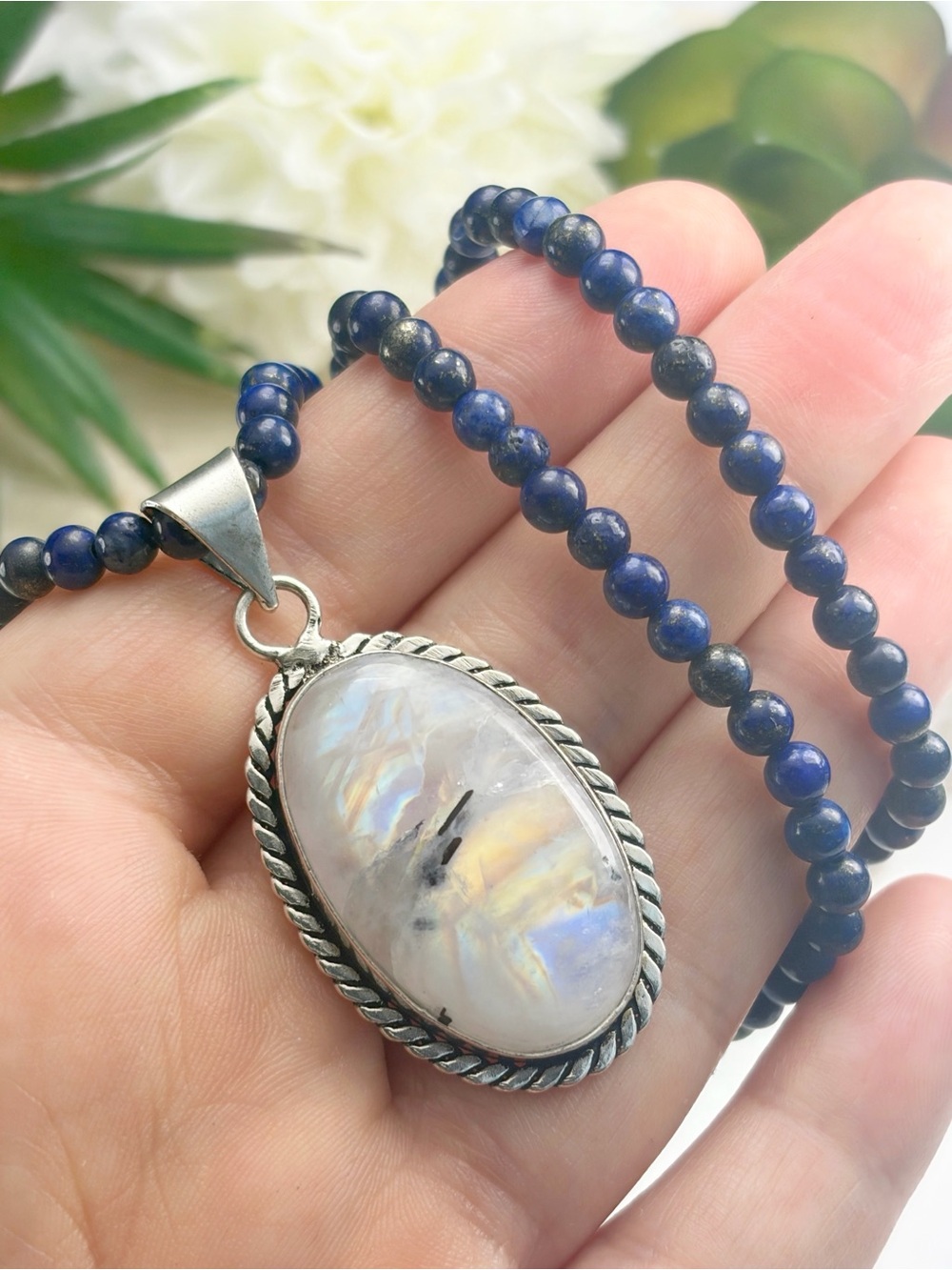 Rainbow Moonstone Pendant Oval Lapis Lazuli Necklace Sterling Silver 925 Overlay
